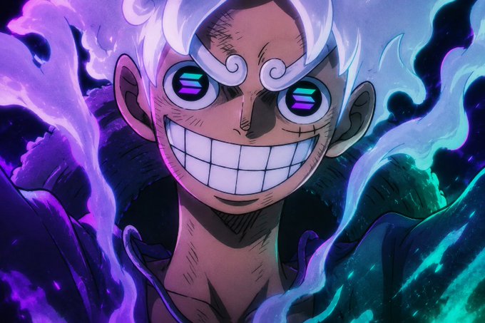 A vibrant anime-style illustration features a grinning character with glowing eyes and white spiky hair, surrounded by swirling purple and teal flames that create a dramatic, energetic atmosphere.