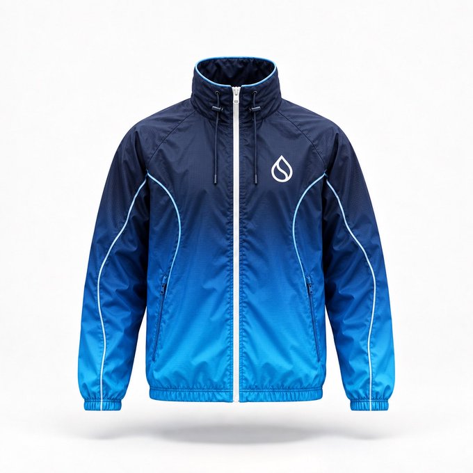 The post displays a mockup of a blue gradient zip-up track jacket featuring a water droplet-style logo, serving as a conceptual design for Sui-themed merchandise. The image visually represents the idea of launching personal Sui-branded apparel, with the logo symbolizing the cryptocurrency project's iconic emblem.