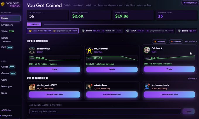 A dashboard screenshot for 'You Got Coined' on the Twitch platform, displaying streamer coin statistics like a $2.6K market cap and features for top streamers such as bobbywhip, Mr_Mammol, and OddBlock.