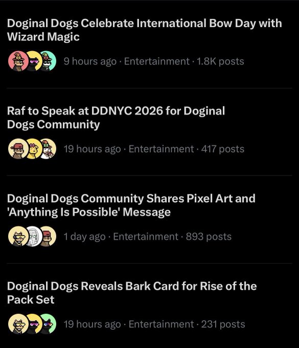 News feed listing articles about Doginal Dogs: 'Celebrate International Bow Day with Wizard Magic', 'Raf to Speak at DDNYC 2026', 'Community Shares Pixel Art', and 'Reveals Bark Card for Rise of the Pack Set'.