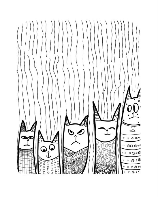 A black and white hand-drawn illustration of five stylized cats with different facial expressions and patterned bodies, with wavy vertical lines in the background.