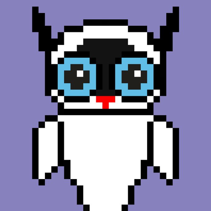 A pixel art character with black horn-like ears, large blue circular eyes, a red mouth, and a white body on a light purple background.