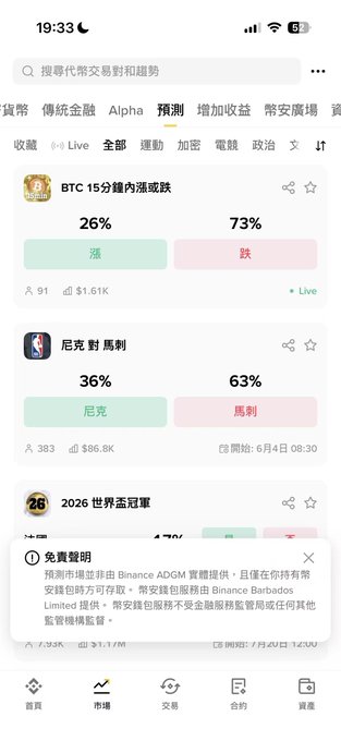 The image features a smartphone screen with multiple posts displayed on it. One of these posts contains information about a new mobile app named "Binance Main Site" that offers predict trading for mainland KYC users through its prediction market platform. The app has been updated, and users are now able to access it via their VPNs to view the current price trends in real time.