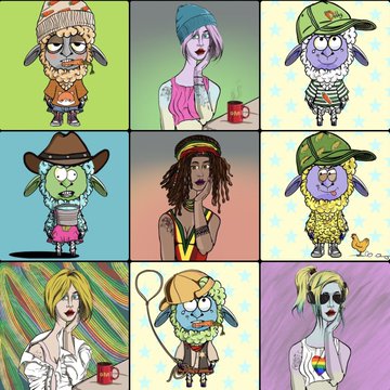 A 3x3 grid of cartoon character illustrations featuring various colorful, quirky figures including sheep, punk-styled characters, and people in casual outfits.