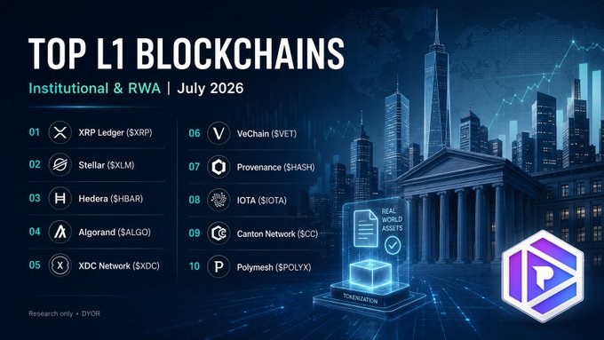 Infographic titled 'TOP L1 BLOCKCHAINS - Institutional & RWA | July 2026' listing ten cryptocurrencies including XRP Ledger ($XRP), Stellar ($XLM), Hedera ($HBAR), Algorand ($ALGO), XDC Network ($XDC), VeChain ($VET), Provenance ($HASH), IOTA ($IOTA), Canton Network ($CC), and Polymesh ($POLYX), with a 'Research only • DYOR' disclaimer.