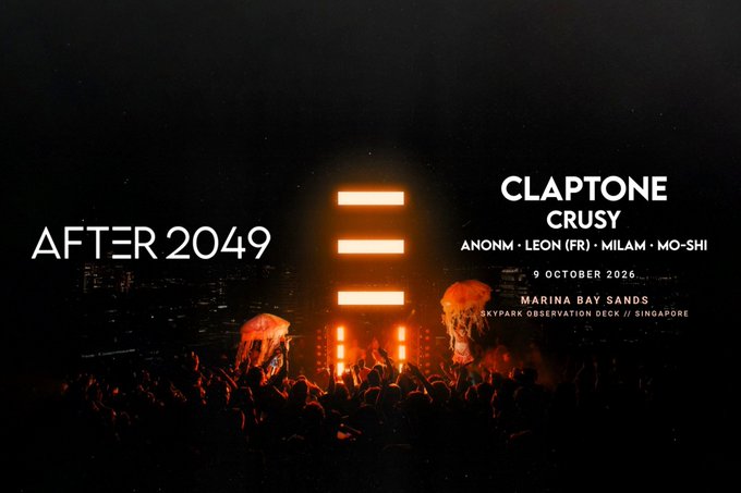 A promotional poster for "AFTER 2049" featuring Claptone and Crusy as headliners, alongside ANOMM, Leon (FR), Milam, and Mo-Shi, scheduled for October 9, 2026, at the Marina Bay Sands Skypark Observation Deck in Singapore. The image showcases a vibrant concert scene with a silhouetted crowd illuminated by bright stage lights, capturing the nightlife atmosphere of the post-conference afterparty extending the TOKEN2049 Singapore event.