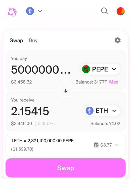 A Uniswap mobile interface displaying a swap of 5,000,000 PEPE tokens ($3,458.32) to 2.15415 ETH ($3,446.00), with a 1 ETH to 2,321,100,000.00 PEPE exchange rate.