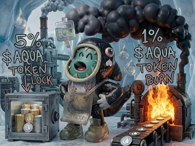 The image depicts a cartoon character in a hazmat suit standing between a safe filled with coins labeled "5% $AQUA TOKEN LOCK" and a fiery furnace labeled "1% $AQUA TOKEN BURN," visually representing the tokenomics strategy described in the post. The bold text and imagery reinforce the message of aggressive accumulation and confidence in the $AQUA token despite bearish market conditions.