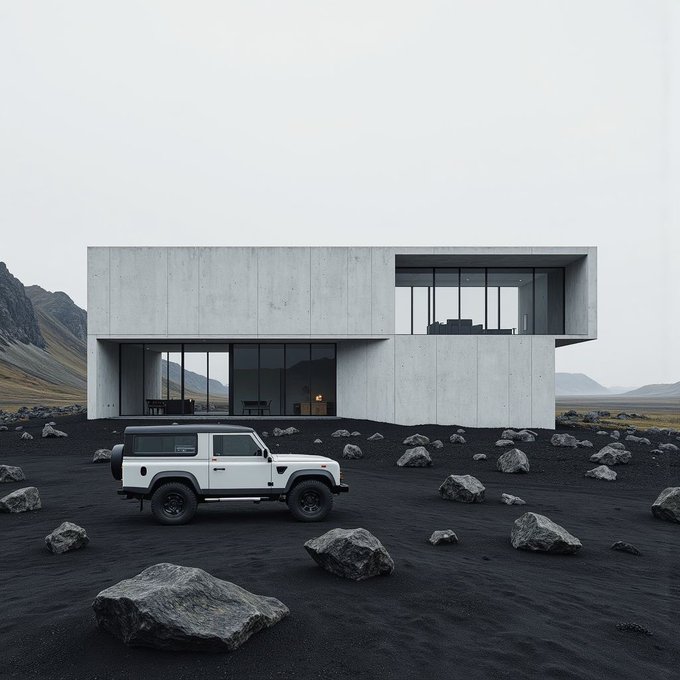 A modern, minimalist concrete house with large glass windows sits in a rocky, volcanic landscape, with a white Land Rover Defender parked in front.