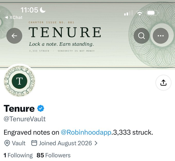The image shows a profile page for "Tenure" (@TenureVault) with 85 followers, featuring a banner that reads "TENURE - Lock a note. Earn standing. 3,333 STRUCK. SENIORITY IS NOT MONEY" and a circular logo with a "T" emblem. This matches the accompanying post highlighting TenureVault's upcoming Robinhood launch, 3,333 supply, and OpenSea Launchpad debut in collaboration with @NotBigFavo.