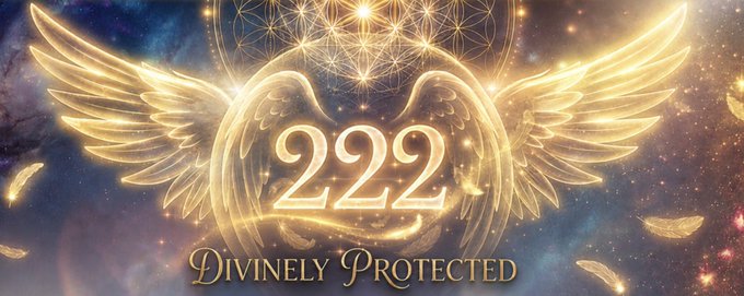 A glowing, ethereal graphic displays the number '222' centered within angel wings and a heart, surrounded by sparkles, with the text 'DIVINELY PROTECTED' below.