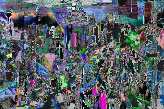 Heavily glitched and distorted abstract image with chaotic colorful pixel patterns in greens, pinks, and blues, appearing as digital corruption or error art.