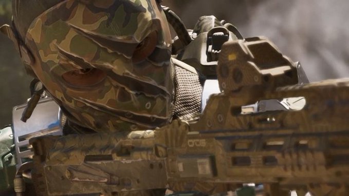 A first-person view shows a soldier in camouflage face paint aiming a tactical rifle labeled 'SR-93' with a red dot sight.
