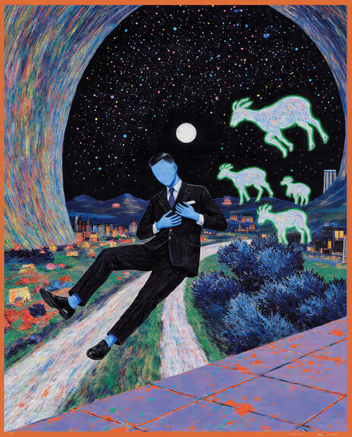 A surreal, colorful illustration showing a man in a black pinstripe suit with blue skin floating above a vibrant landscape under a starry night sky, surrounded by glowing ethereal goat/ram figures, with what appears to be a magazine clipping in the bottom right corner.