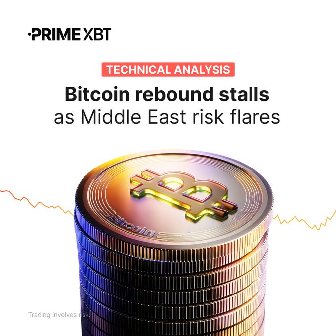 A PrimeXBT technical analysis graphic with the headline 'Bitcoin rebound stalls as Middle East risk flares,' featuring a stack of golden Bitcoin coins against a white background.