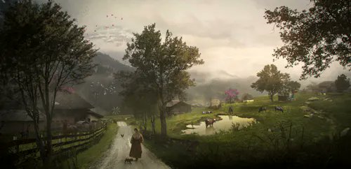 A misty rural landscape features a figure walking down a dirt path carrying a basket, with animals grazing near a small pond and mountains in the background.