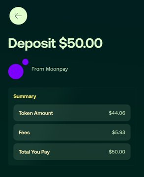 A screenshot shows a deposit confirmation of $50.00 via Moonpay, where the user pays $50.00 total but receives only $44.06 in tokens after a $5.93 fee, exemplifying the high onboarding fees criticized in the post.