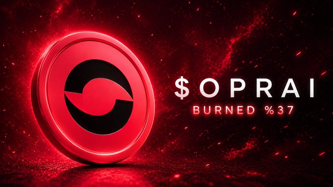 A dramatic red-toned promotional graphic features a glowing circular coin/token emblem alongside the text "$OPRAI BURNED %37," visually celebrating the token burn milestone where 37% of the supply has been permanently removed from circulation.