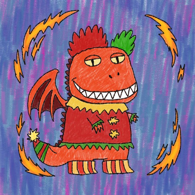 A red, horned cartoon dragon with green accents and a toothy grin stands amid swirling orange flames against a vibrant blue-purple background, fitting a cheerful "good morning" greeting with its whimsical, energetic spirit.
