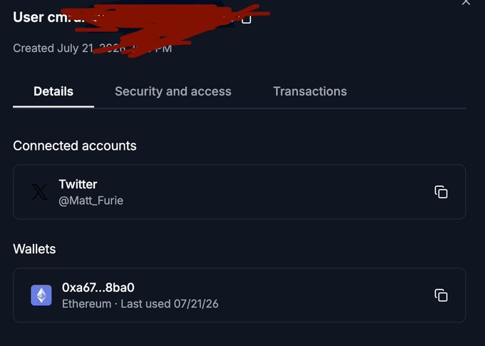 A dark account settings page showing a user connected to Twitter (@Matt_Furie) with an Ethereum wallet (0xa67...8ba0), created July 21, 2026.