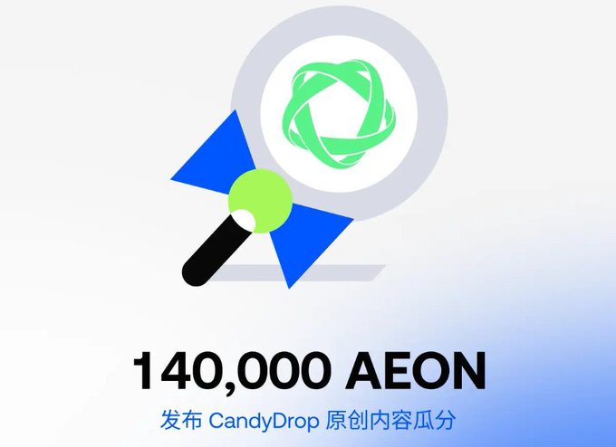 A graphic displaying "140,000 AEON" with Chinese text "发布 CandyDrop 原创内容瓜分" and a logo featuring a green abstract design with a magnifying glass.