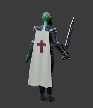 A 3D-rendered figure with a green, scarred face stands with their back to the viewer, wearing a white tabard with a red cross over dark armor and holding a large, glowing sword.