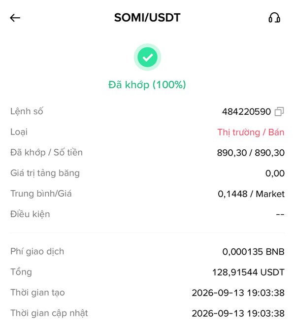 A Binance trading app screen showing a completed (100% filled) market sell order for SOMI/USDT, with order number 484220590, price 0.1448, and total 128.91544 USDT dated 2026-09-13.