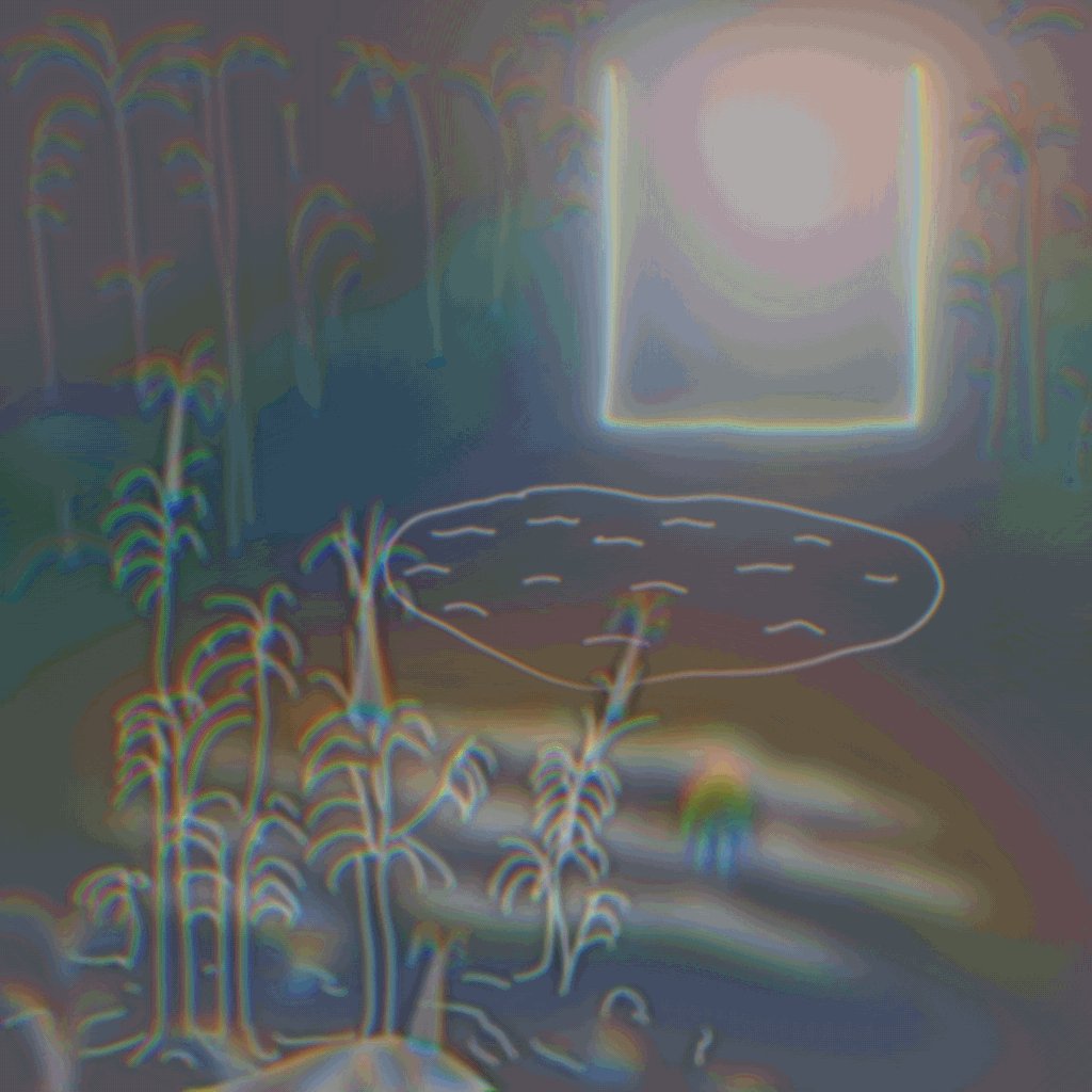 The image features a painting of a man standing near water, surrounded by palm trees with white and green leaves. The background includes a sunset or sunrise effect that adds depth and atmosphere to the scene. The artist has used a blend of colors and shading techniques to create an impressionistic style in their work.