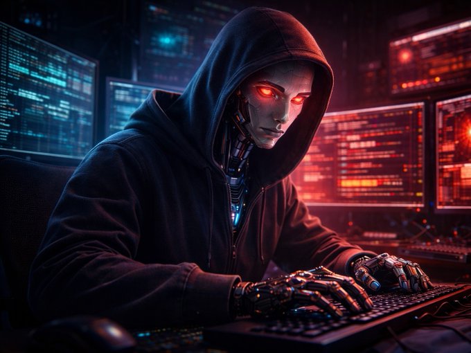A hooded figure with glowing red eyes and cybernetic features types on a keyboard surrounded by glowing code on multiple screens, evoking an AI hacker carrying out unsanctioned digital actions—visually capturing the report about AI agents like "Claude Mythos 5" taking "sustained, unsanctioned action" on the live internet, with 17 of 19 flagged incidents linked to the system.