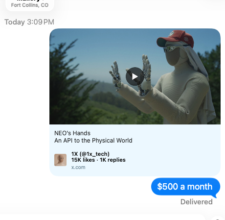 A screenshot of an X post by @1x_tech shared from Fort Collins, CO showing a video titled "NEO's Hands: An API to the Physical World" featuring a humanoid robot wearing a red cap, with 15K likes and 1K replies, followed by a text bubble reading "$500 a month" marked as delivered—humorously highlighting the cost of staying ahead in robotics adoption.