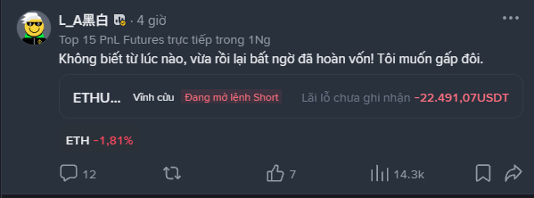 Vietnamese-language social media post discussing top PnL futures traders, highlighting an ETH trade with a short position showing an unrealized loss of -$22,491.07.