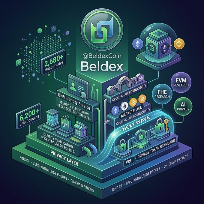 An isometric infographic for '@BeldexCoin Beldex' illustrates its ecosystem features, including 2,680+ Masternodes, 6,200+ BNS Domains, BNS Identity Service, Marketplace, Cross-Chain Connectivity, FHE Research, EVM Research, AI Privacy, and a Privacy Layer utilizing Ring CT and Zero-Knowledge Proofs.
