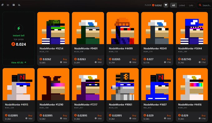 A screenshot of an NFT marketplace displaying various pixel-art 'NodeMonke' collectible avatars for sale, with prices listed in cryptocurrency.