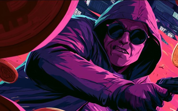 Stylized comic book/graphic novel illustration of a man in a dark hood and sunglasses wielding a weapon, rendered in bold pink, purple, and blue tones.