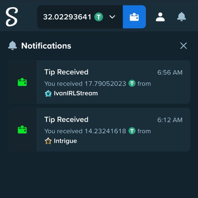 The image shows a Stake.com notifications panel displaying two "Tip Received" alerts on a balance of 32.02293641, with $17.79 from IvanIRLStream at 6:56 AM and $14.23 from Intrigue at 6:12 AM—visually confirming the generous tips the streamer received during the broadcast.