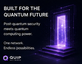 The image features a purple door with a staircase leading up to it, set against a dark background. The text above the door reads "Built for the Quantum Future", while below it, there's an explanation about the importance of post-quantum security in infrastructure projects.