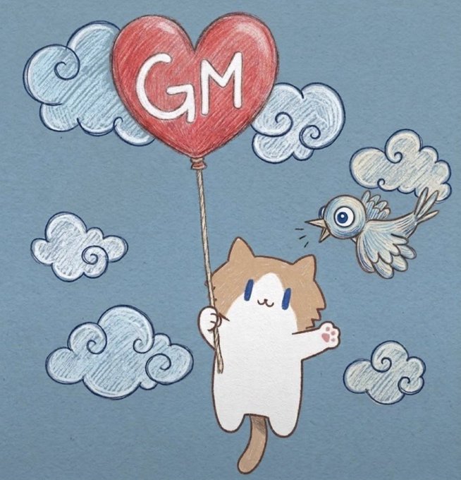 Illustration of a cat holding a red heart-shaped balloon with 'GM' written on it, floating among clouds with a bird flying nearby.
