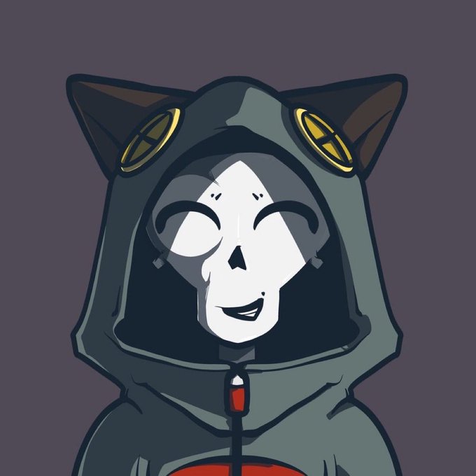 A digital drawing of a cartoon character wearing a dark hooded jacket with cat ears and gold coins on the hood, featuring a white smiling mask-like face with closed eyes, set against a gray background.