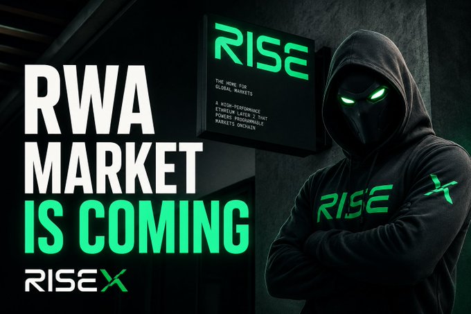 A promotional image with bold text 'RWA MARKET IS COMING' featuring a hooded figure with glowing green eyes wearing a 'RISEX' branded hoodie next to a 'RISE' sign.