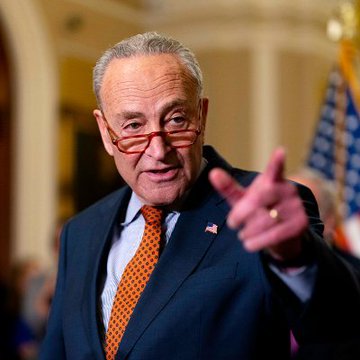 Senate Minority Leader Chuck Schumer speaks with reporters following a closed-door caucus meeting at the U.S. Capitol on Sunday evening, where Senate Democrats discussed the Clarity Act ahead of its Tuesday chamber vote.