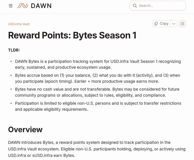 A documentation page from DAWN (USD.Infra Vault) explaining the 'Reward Points: Bytes Season 1' participation tracking system, with a TLDR section detailing how Bytes accrue based on balance, activity, and epoch timing.