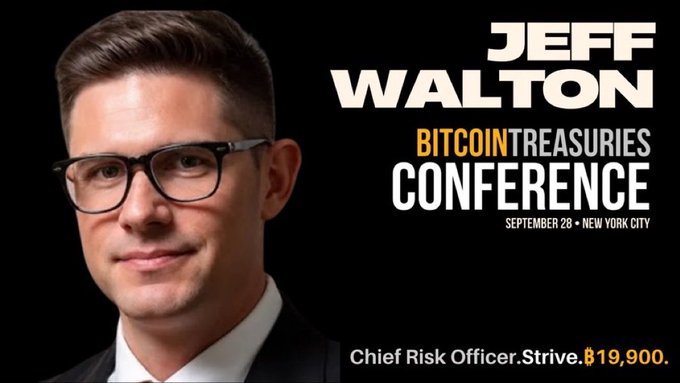 Promotional banner for the Bitcoin Treasuries Conference on September 28 in New York City, featuring speaker Jeff Walton, Chief Risk Officer at Strive, with a Bitcoin price display of $19,900.