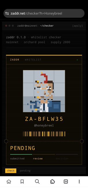 A mobile screenshot of the zaddr.net whitelist tool shows a pending status for user 'honeybreel' with ZA-BFLW35, a pixel art NFT-style character.