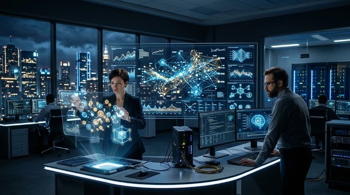 Two people in a high-tech control room work with holographic displays and multiple monitors showing network and data visualizations.
