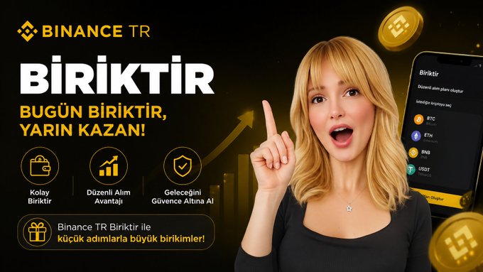 A promotional banner for Binance TR's "Biriktir" (Accumulate) feature shows a blonde woman pointing upward alongside the tagline "BUGÜN BİRİKTİR, YARIN KAZAN!" (Save Today, Earn Tomorrow), with a smartphone displaying options to accumulate BTC, ETH, BNB, and USDT. The ad highlights benefits like "Kolay Biriktir" (Easy Saving), "Düzenli Alım Avantajı" (Regular Purchase Advantage), and "Geleceğini Güvence Altına Al" (Secure Your Future), directly supporting the post's message about earning passive rewards on idle crypto holdings during bear markets.