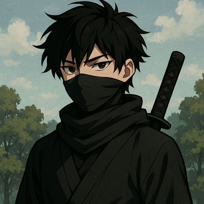 An anime-style illustration of a young male ninja or samurai character with black hair, wearing a black face mask, a black hooded robe, and carrying a katana sword on his back, set against a backdrop of trees and a cloudy sky.