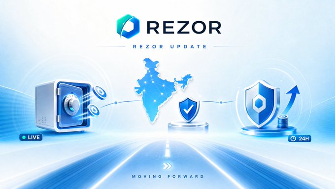 A banner for the 'REZOR UPDATE' by Rezor shows a map of India, a safe, and security shields with text including 'LIVE', '24H', and 'MOVING FORWARD'.
