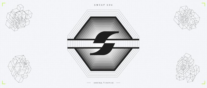 A grayscale geometric logo for "SWEEP EDU" with a stylized "S" in the center and "sweep.finance" text below.