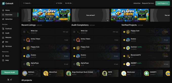 The image shows the Coinsult website dashboard featuring a prominent "FLAPPY COIN" advertisement banner at the top, along with sections listing Recent Listings (Wink Cat, Scuba Token, Flappy Coin, Goatzz, AlphaPepe), Audit Completions, and Verified Projects including Flappy Coin and Summer with a +5.76% gain. The dashboard supports the post's announcement that the Flappy Coin ad banner is live on the site, while also showcasing the platform's broader audit services for various crypto projects.