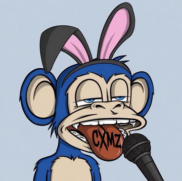 Bored Ape-style cartoon character with bunny ears holding a microphone and a tag reading 'CXMZ' in its mouth.